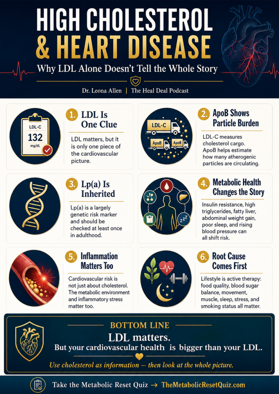 Infographic explaining high cholesterol and heart disease, including LDL, ApoB, Lp(a), inflammation, metabolic health, and root-cause lifestyle factors.